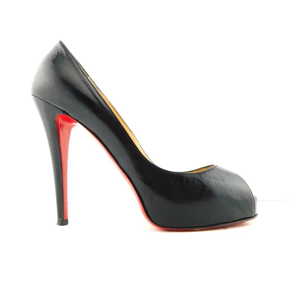 CHRISTIAN LOUBOUTIN Black Leather Peep Toe Platform Heel Pumps 38.5